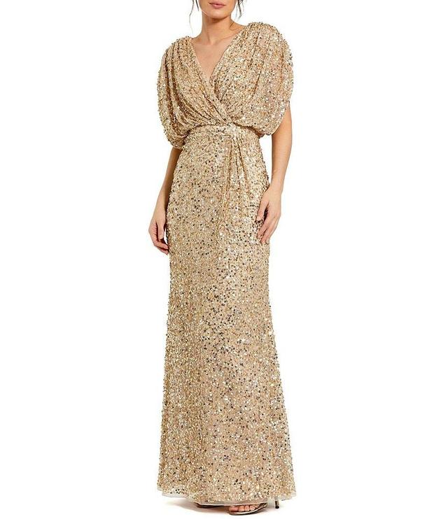 Mac Duggal Sequin Surplice V-Neck Draped 3/4 Sleeve Blouson Bodice Sheath Gown Product Image