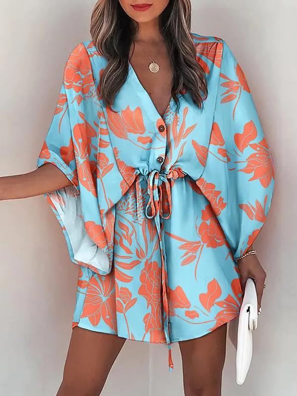 Original Loose Floral Printed Contrast Color Tied Mini Shirt Dress Product Image