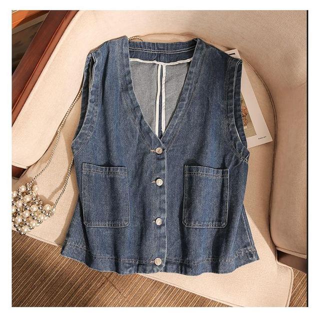 V-Neck Washed Denim Button Down Vest Product Image