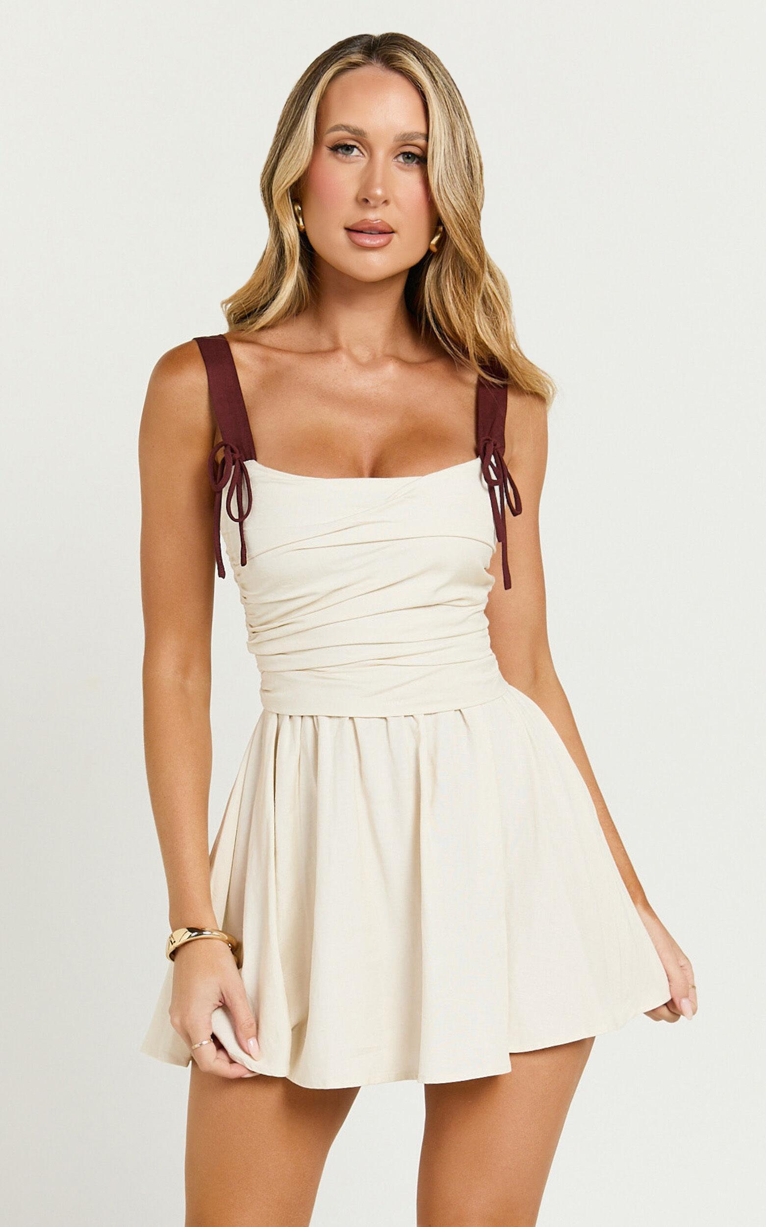 Tommy Mini Dress - Ruched Bodice Laced Back Gathered Skirt Dress in Cream Product Image