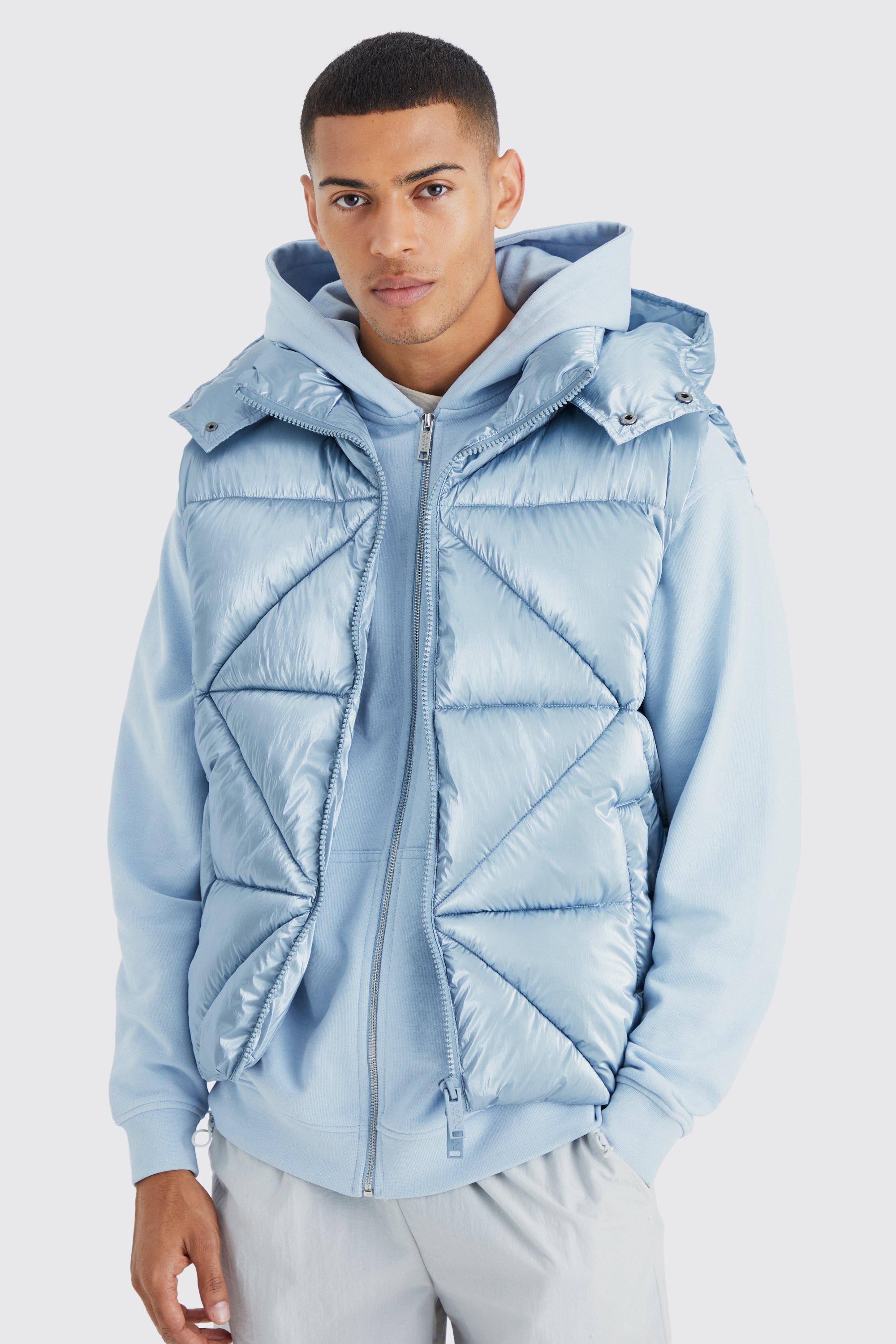 Mens Blue Metallic Quilted Gilet With Hood, Blue Product Image