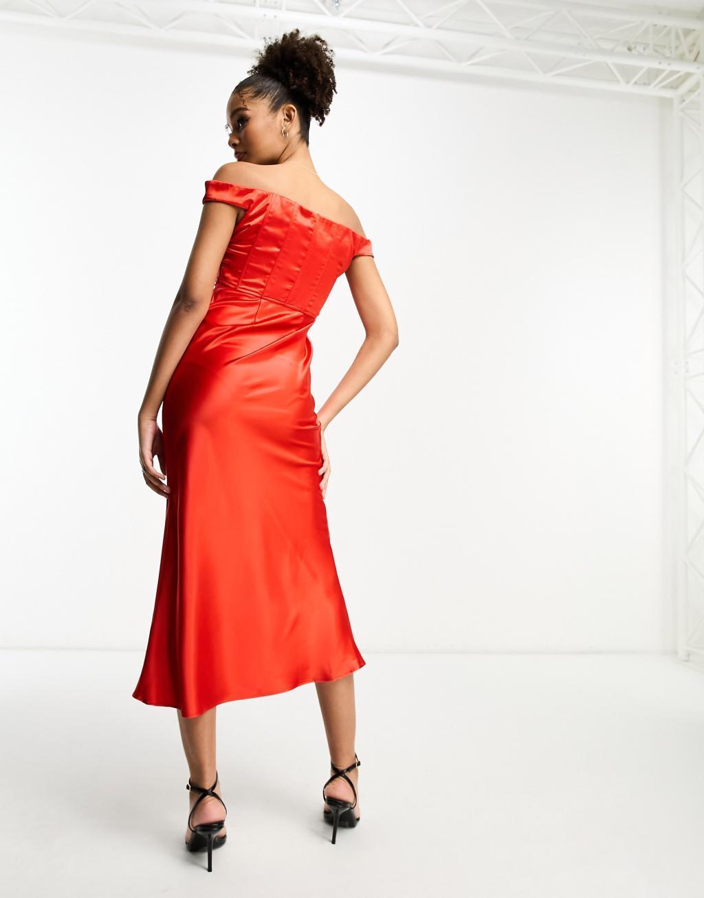 Rare London satin bardot corset detail midi dress in red Product Image