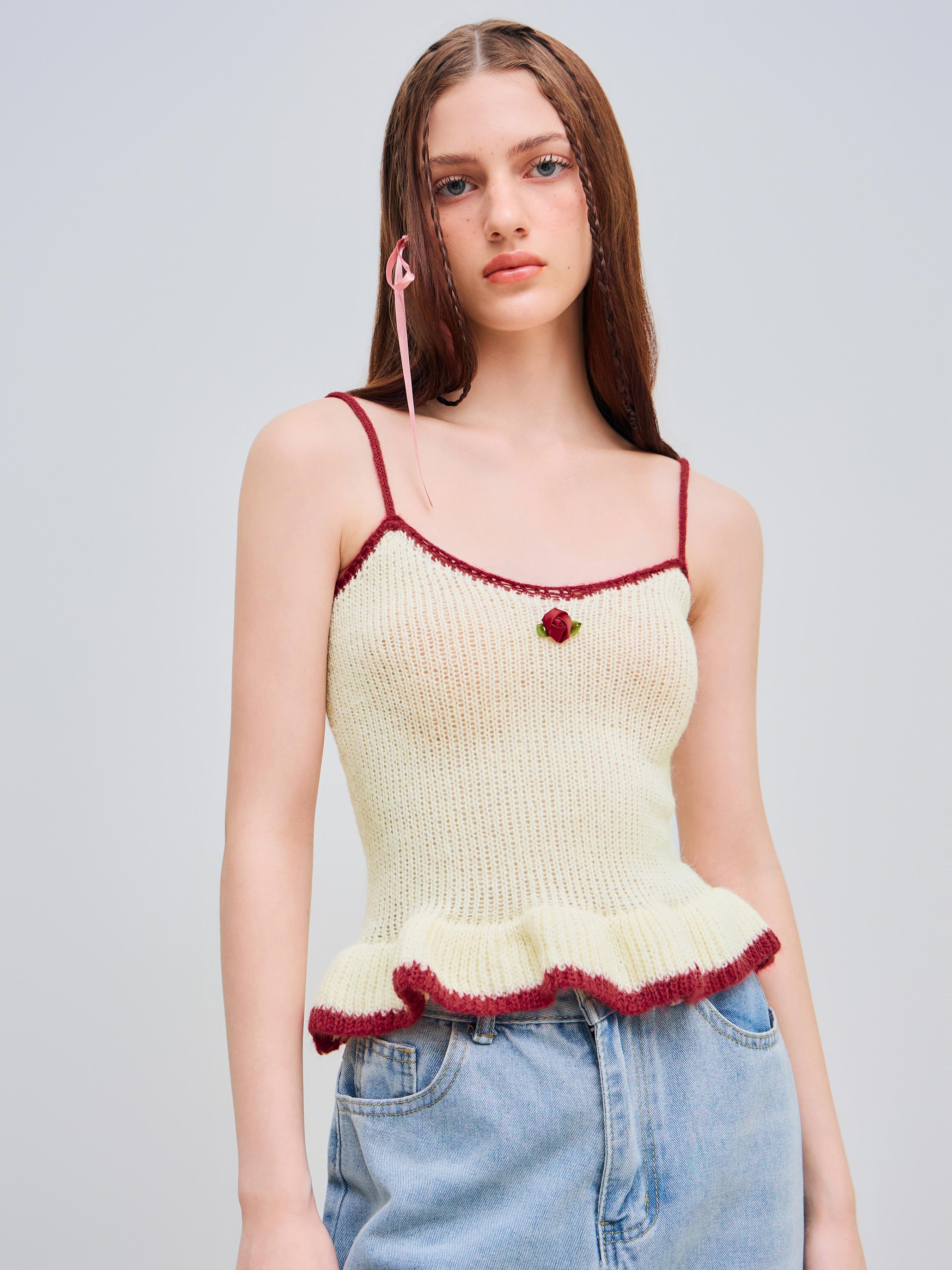 Wool-blend Scoop Neckline Rosette Contrasting Binding Cami Top Product Image