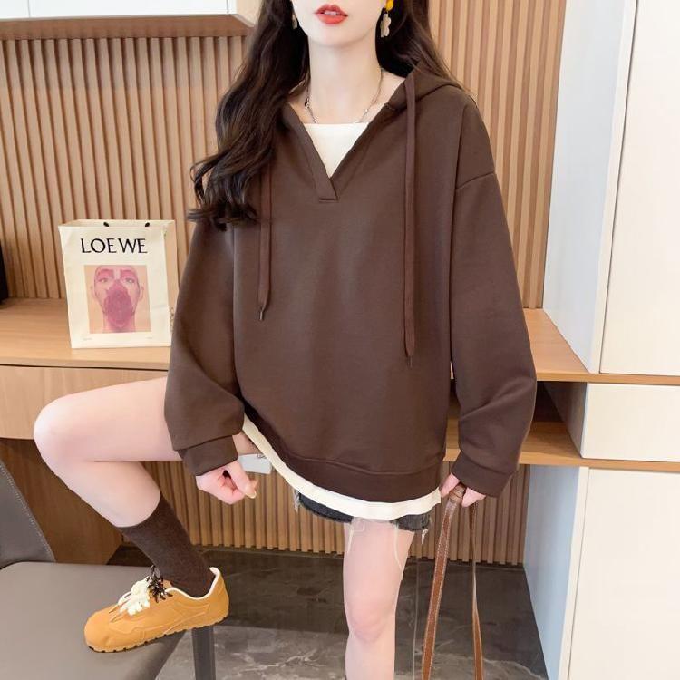 Mock Two-Piece Two Tone Drawstring Hoodie Product Image