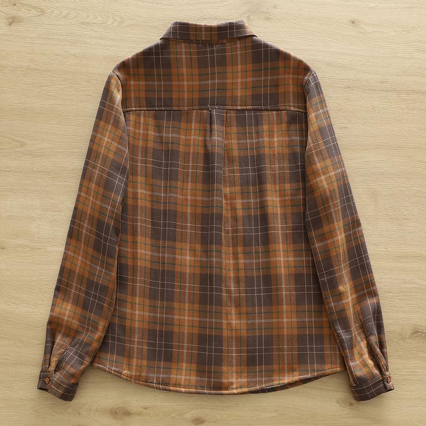 Long Sleeve Lapel Collar Plaid Button Shirt Product Image