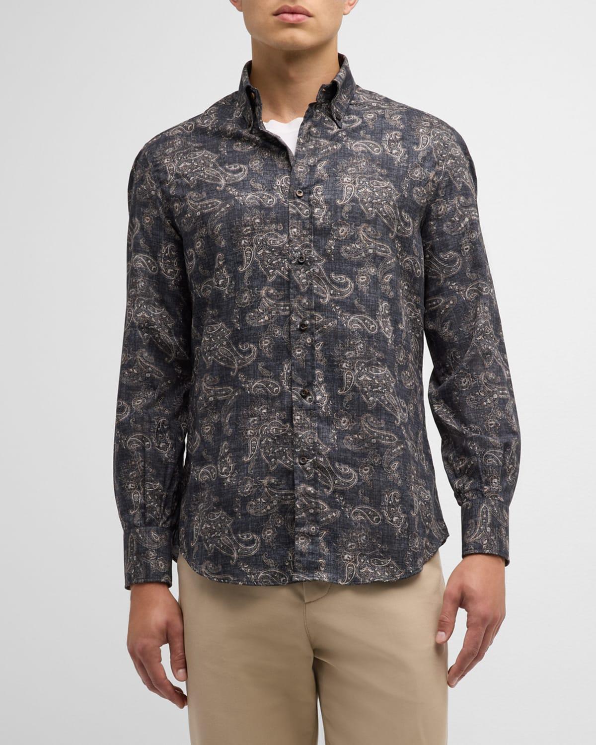 Mens Denim-Effect Paisley Casual Button-Down Shirt Product Image