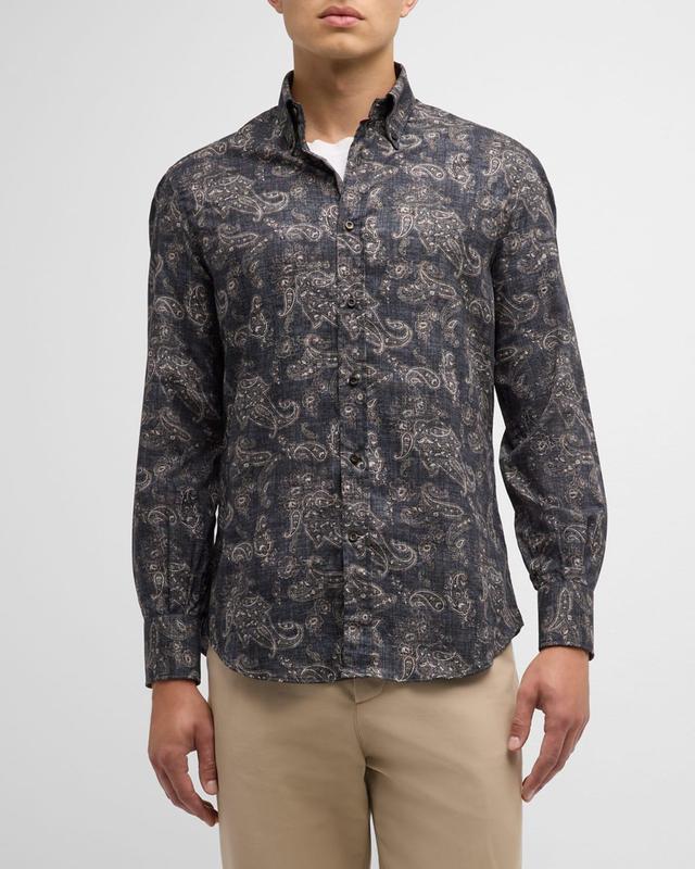 Mens Denim-Effect Paisley Casual Button-Down Shirt Product Image