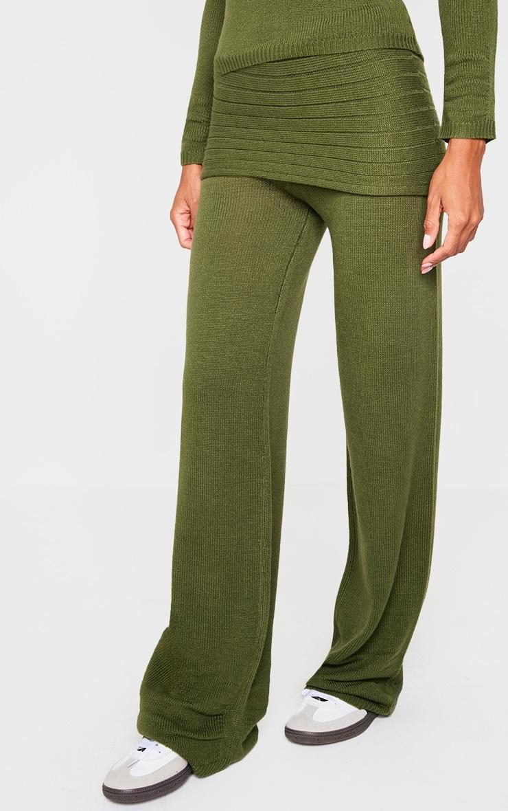 Forest Green Knitted Fold Over Wide Leg Pants Product Image