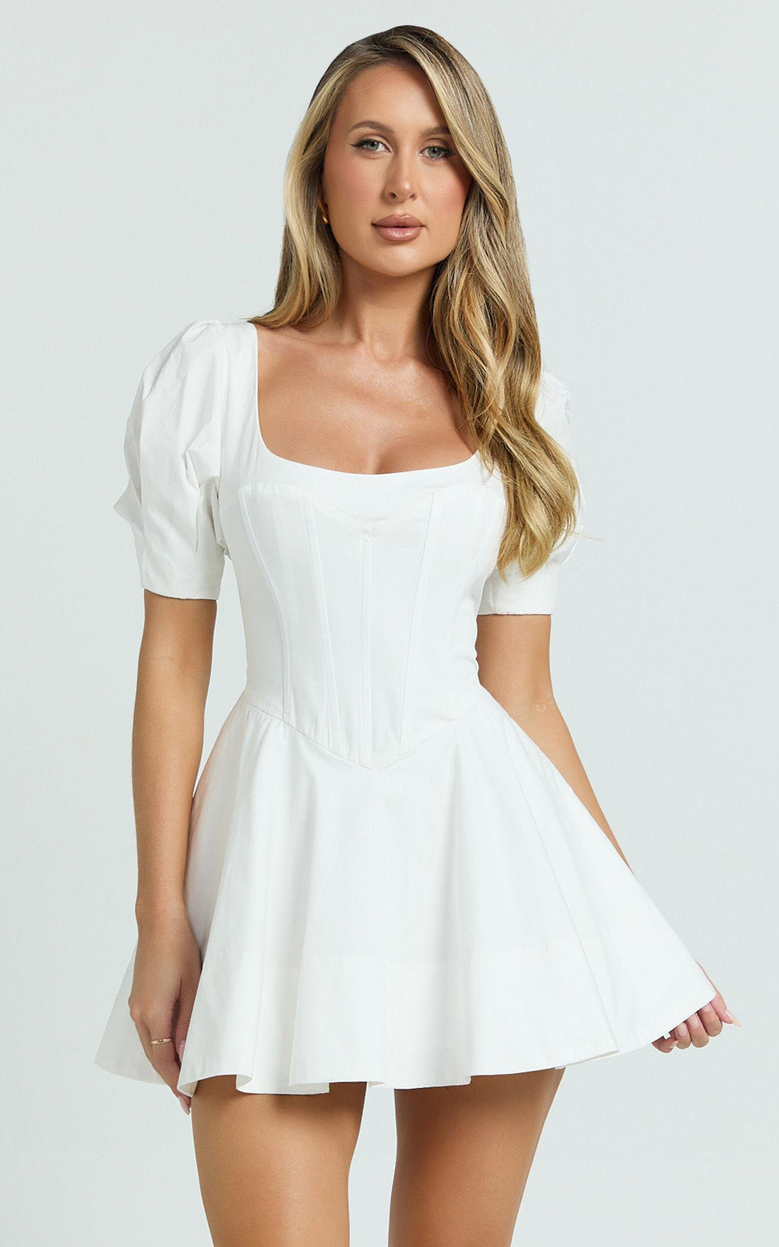 Emma Mini Dress - Scoop Neck Sleeved Corset Drop Waist Circular Skirt Dress in Off White Product Image