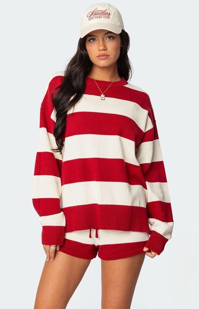 Edikted Women's Riley Oversized Striped Sweater in Burgundy/White - Product Image