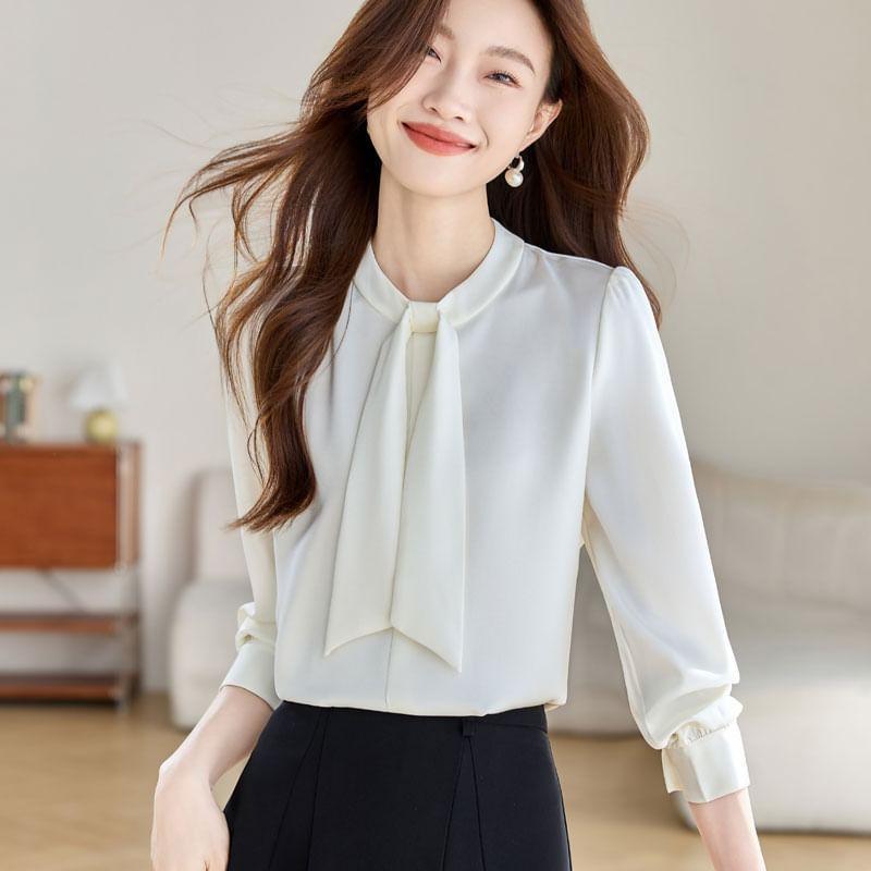 Long Sleeve Tie Neck Plain Blouse Product Image