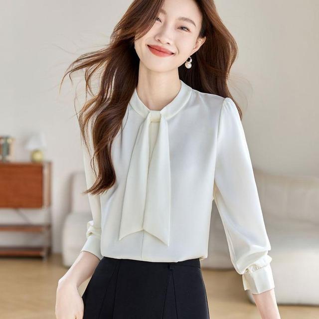 Long Sleeve Tie Neck Plain Blouse Product Image