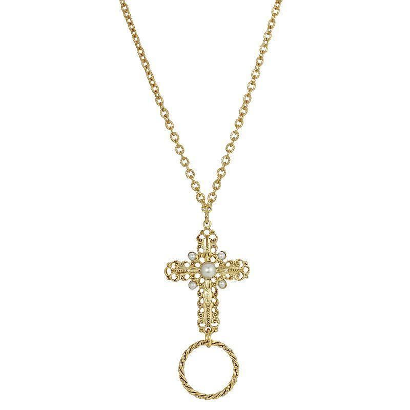 1928 Gold Tone Simulated Pearl Cross Eyeglass & Badge Holder Necklace, Womens, White Product Image