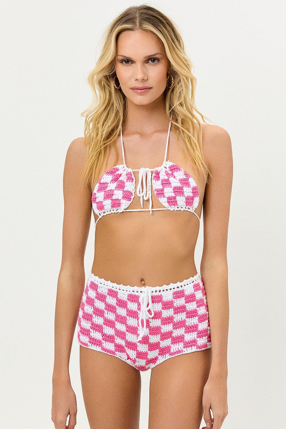 Eliza Crochet Halter Bikini Top - Pink Checker Product Image