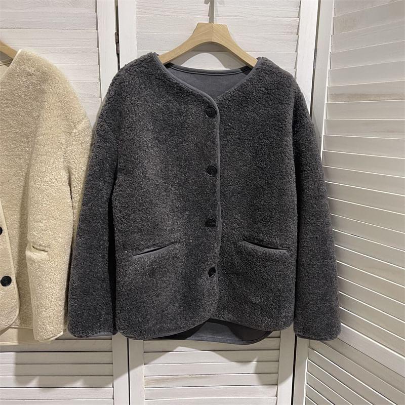 Round Neck Plain Fleece Button Jacket Product Image