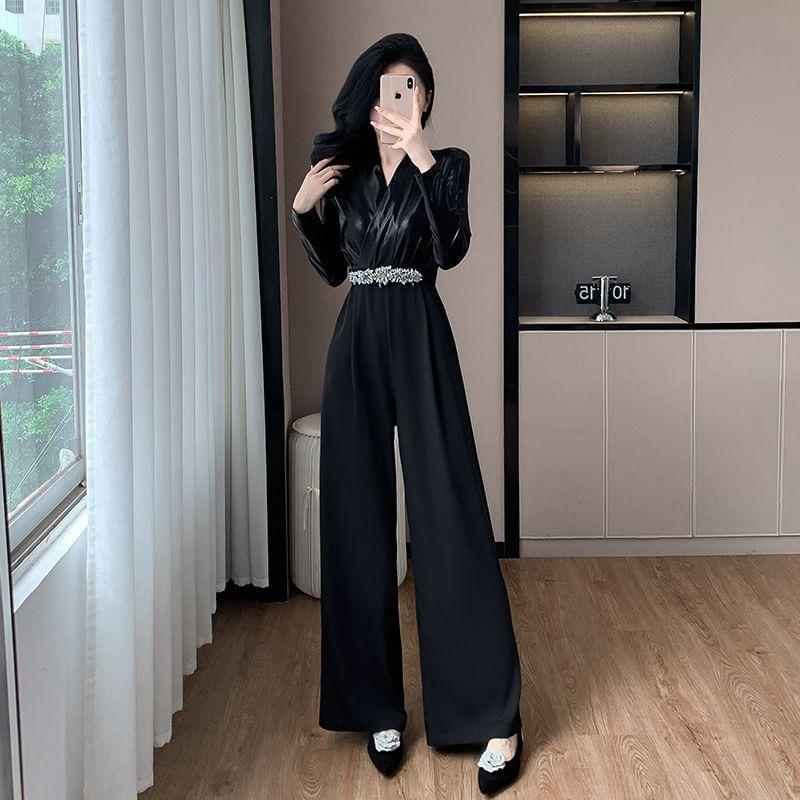 Long-Sleeve Faux Leather Wide Leg Jumpsuit Product Image