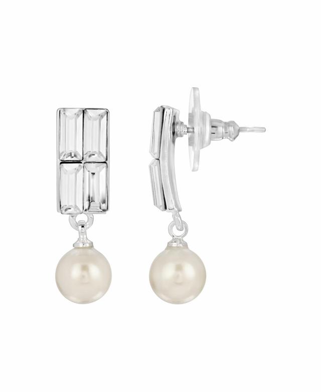 1928 Silver Tone Simulated Crystal and Faux Pearl Drop Earrings, Womens, White Product Image