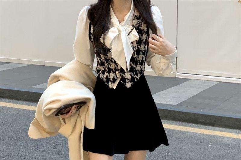 Tie Neck Blouse / Houndstooth Vest / A-Line Skirt Product Image