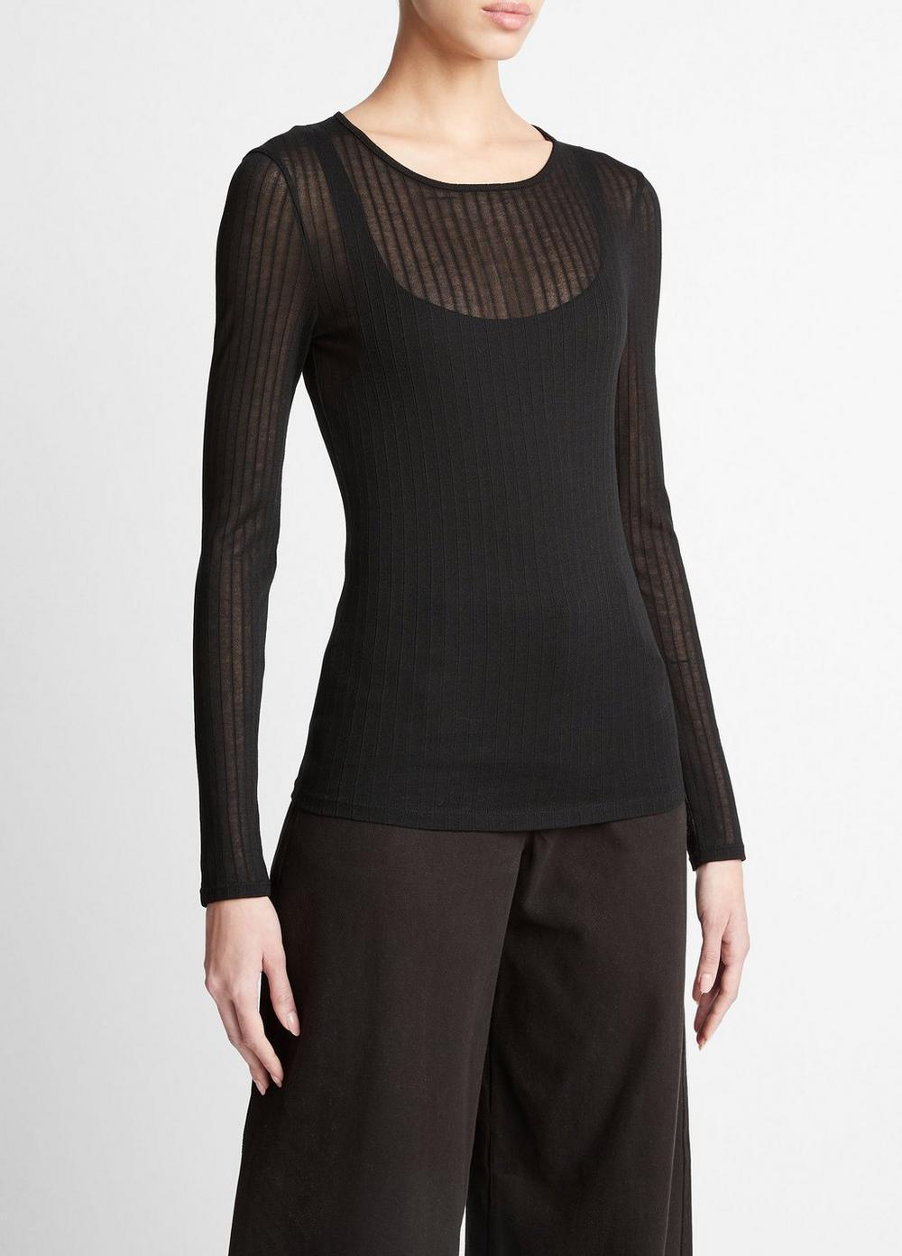 Sheer Long-Sleeve Crew Neck Top Product Image