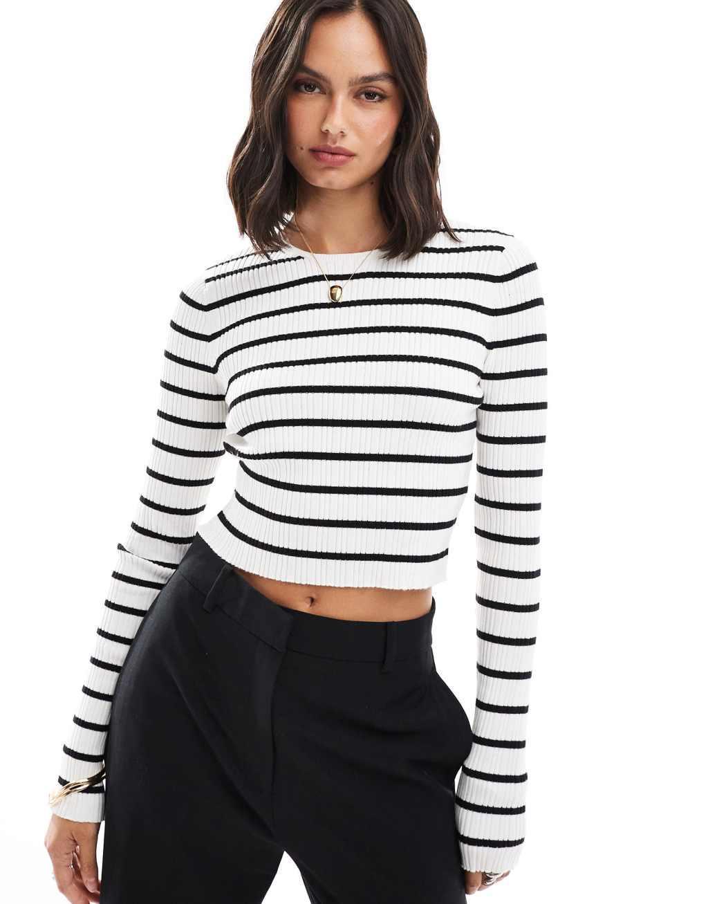 ASOS DESIGN knitted long sleeve top with crew neck in cream stripe product image