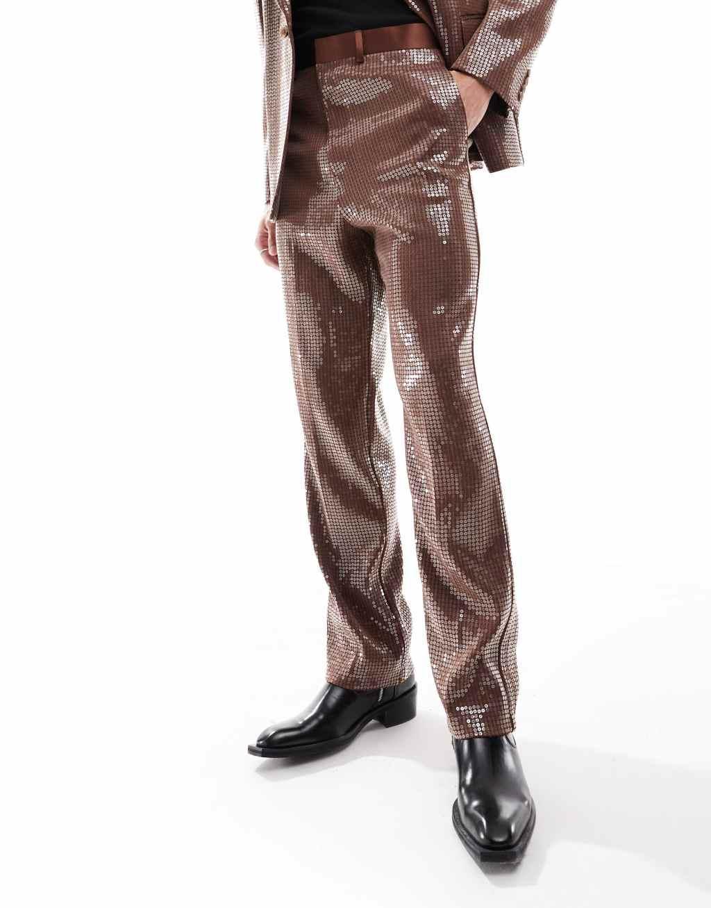 ASOS DESIGN sequin high waist straight leg suit pants in brown Product Image