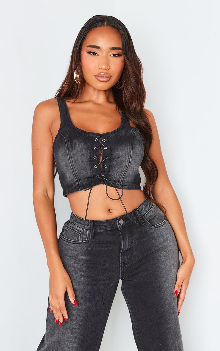 Shape Black Denim Washed Lace Up Crop Top Product Image