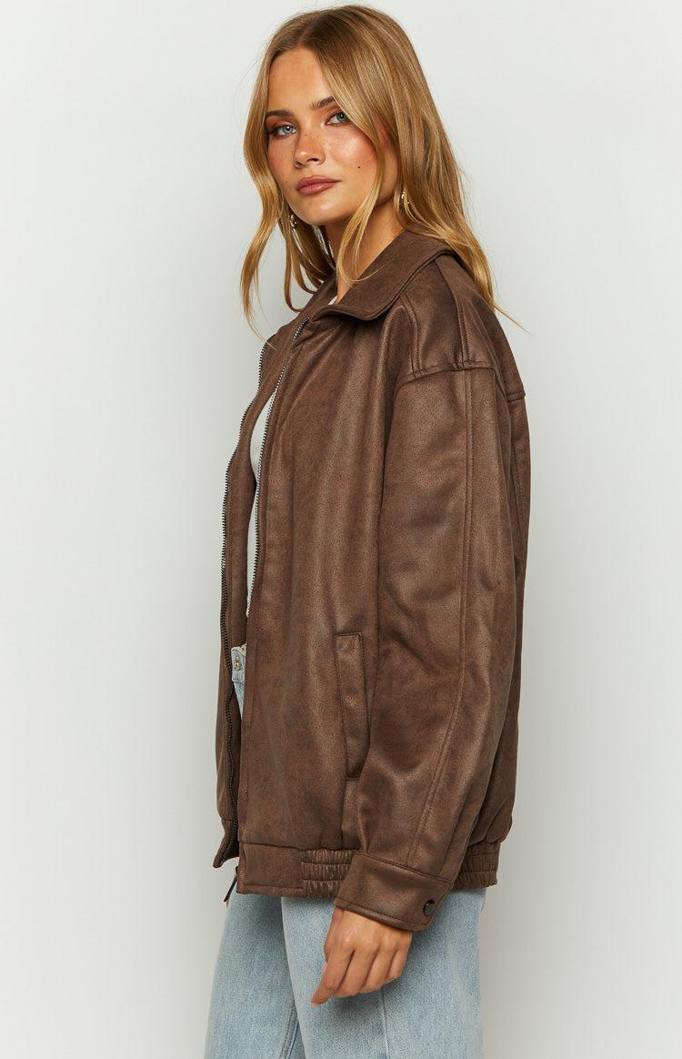 Abbi Brown Faux Suede Bomber Jacket Product Image