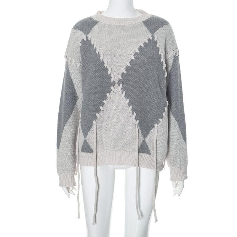 Round Neck Argyle Lace-Up Sweater Product Image