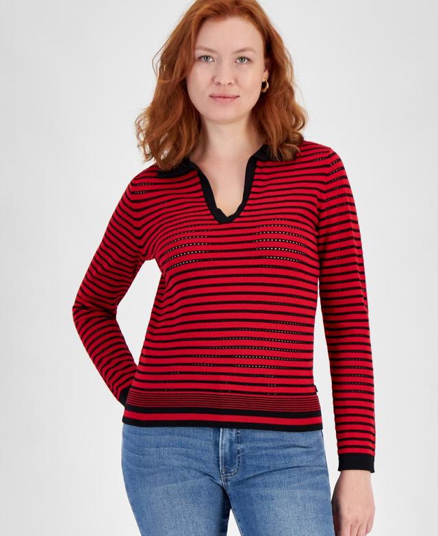 Nautica Jeans Womens Textured-Stripe Johnny-Collar Sweater - Black Product Image