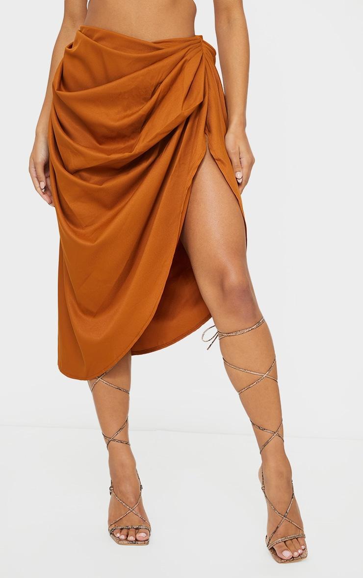 Brown Ruched Side Midi Skirt Product Image