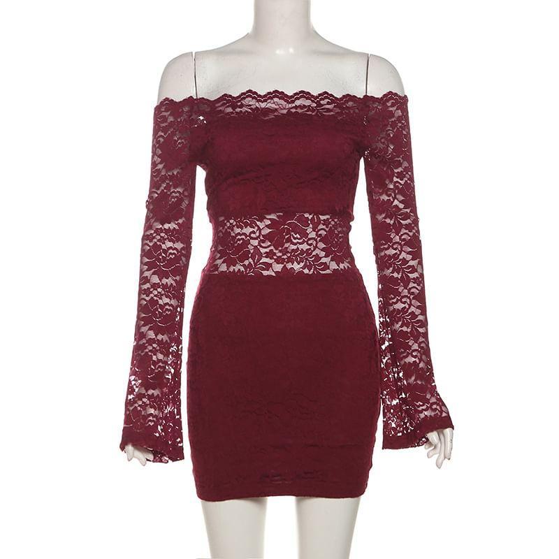 Off-The-Shoulder Long Sleeve Lace Bodycon Mini Dress Product Image