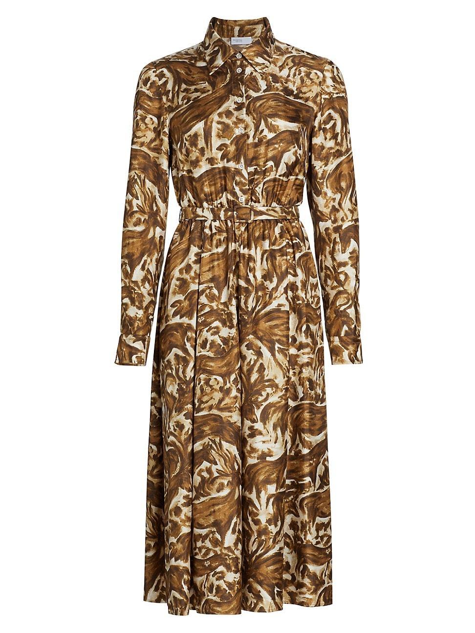 Womens Printed Silk Pleated Midi-Shirtdress Product Image