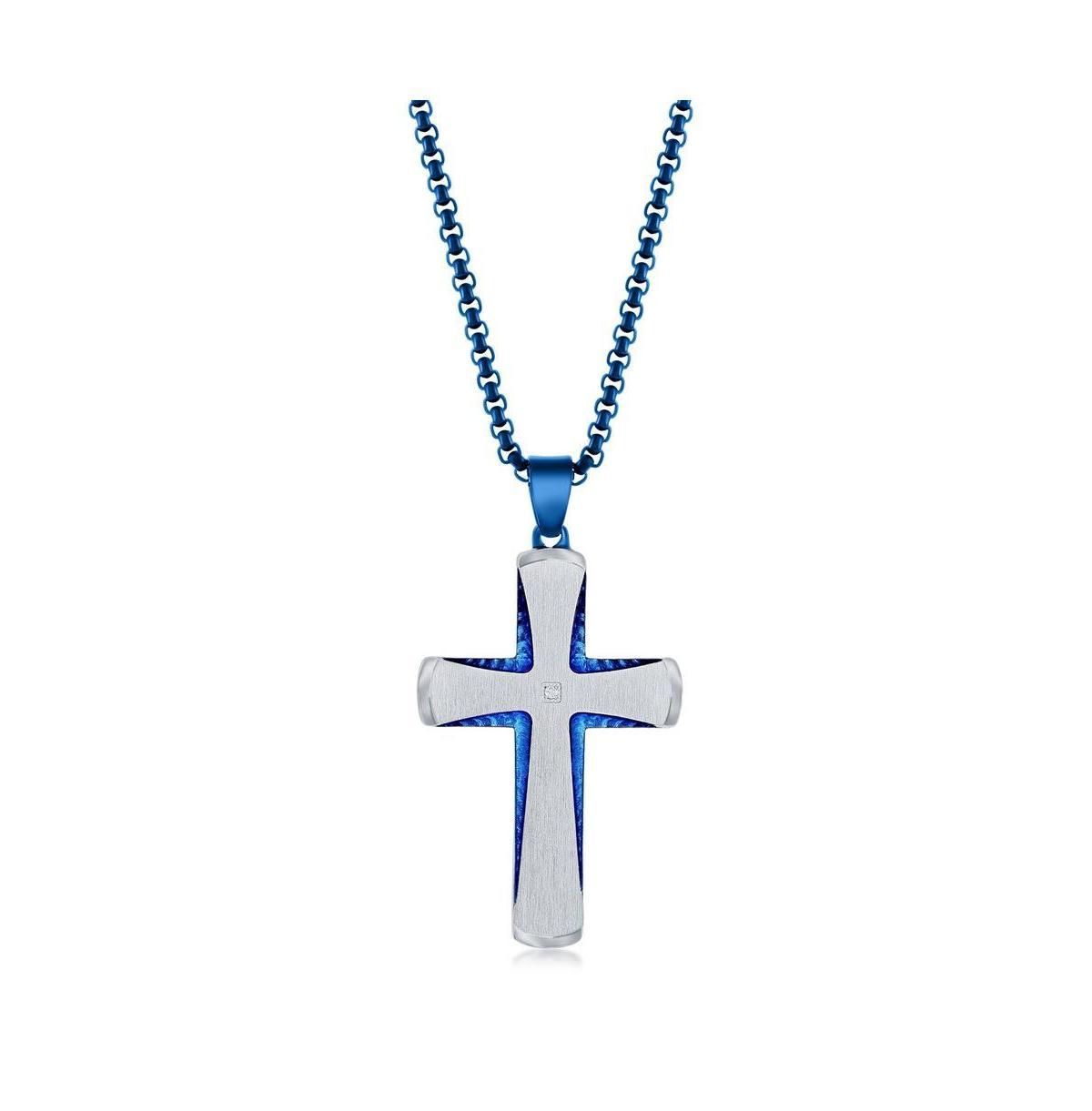 Metallo Stainless Steel Silver & Blue Plated Cross Necklace, Mens Product Image