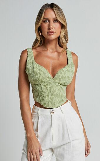 Haylee Top - Plunge Sweetheart Neck Jacquard Corset Top in Sage Floral Product Image