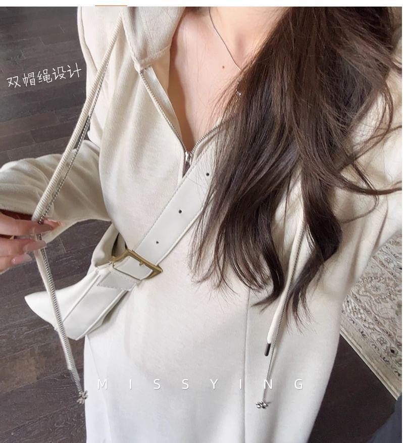 Long Sleeve Plain Hood Half Zip Midi A-Line Dress Product Image