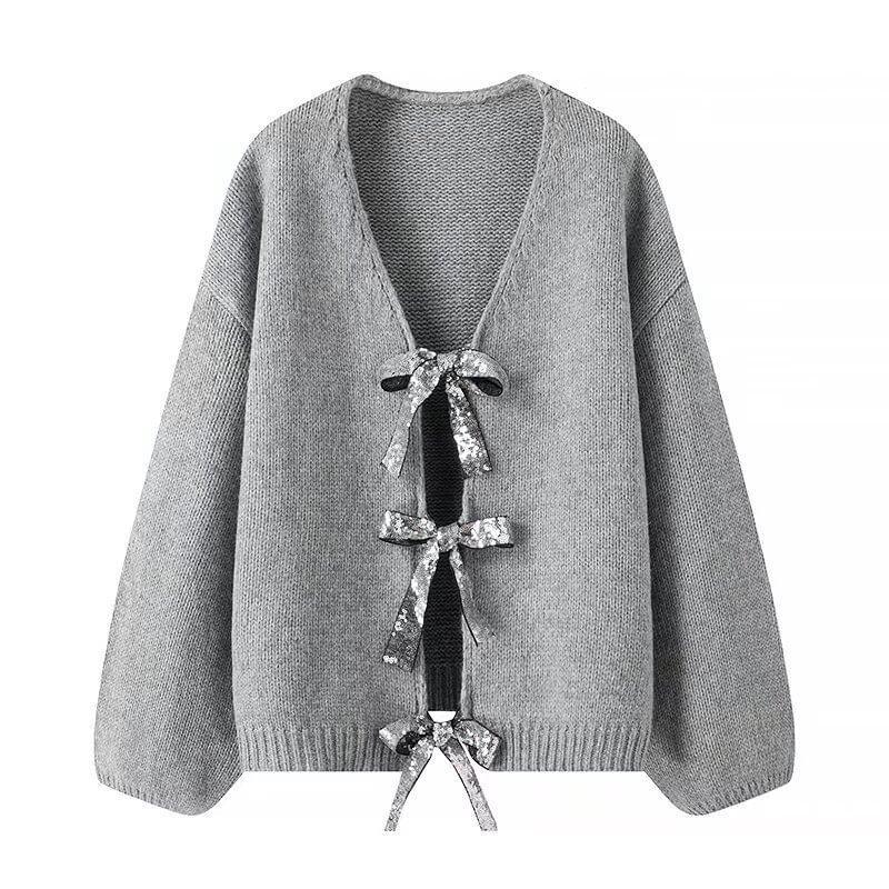 V-Neck Ribbon Accent Plain Cardigan Product Image