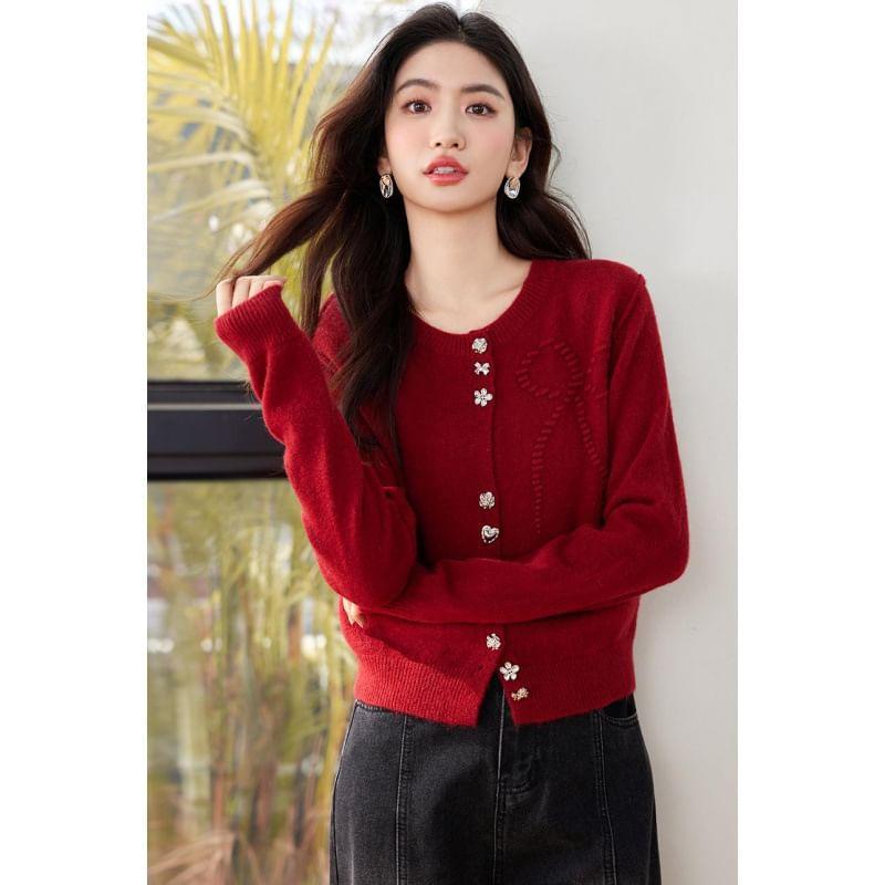 Crew Neck Bow Jacquard Button-Up Crop Cardigan Product Image