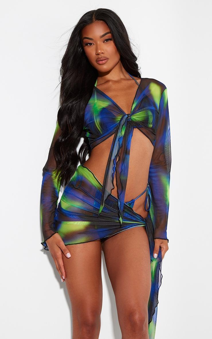 Blue Abstract Mesh Tie Front Beach Top Product Image