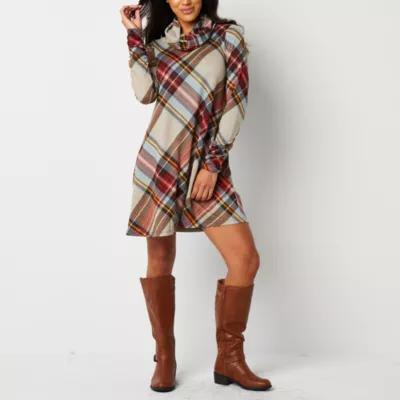 R & K Originals Womens Long Sleeve Plaid Shift Dress Product Image