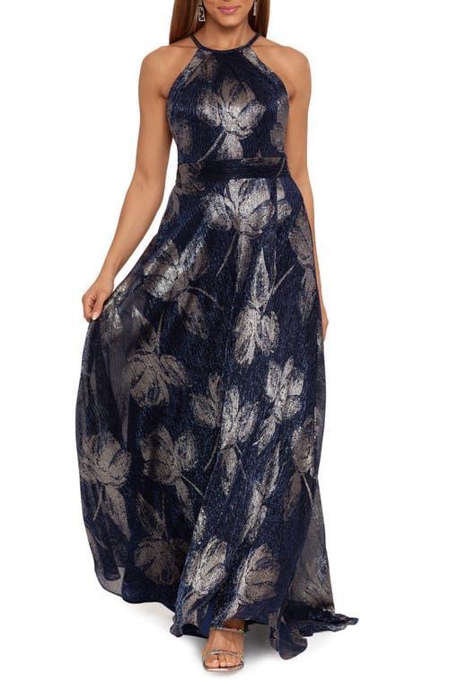 Betsy & Adam Womens Metallic Printed Halter Gown - Navy Product Image