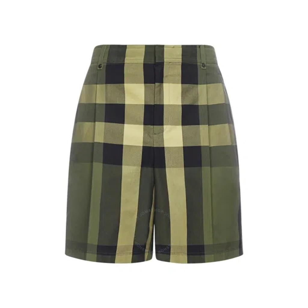 BURBERRY Pleated Mid-rise Check Printed Shorts In Green Product Image