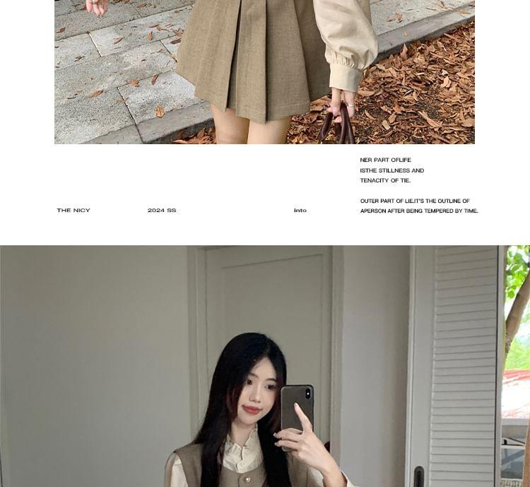 Long Sleeve Stand Collar Plain Frill Blouse / V-Neck Plain Button Vest / High Waist Pleated Mini A-Line Skirt Product Image