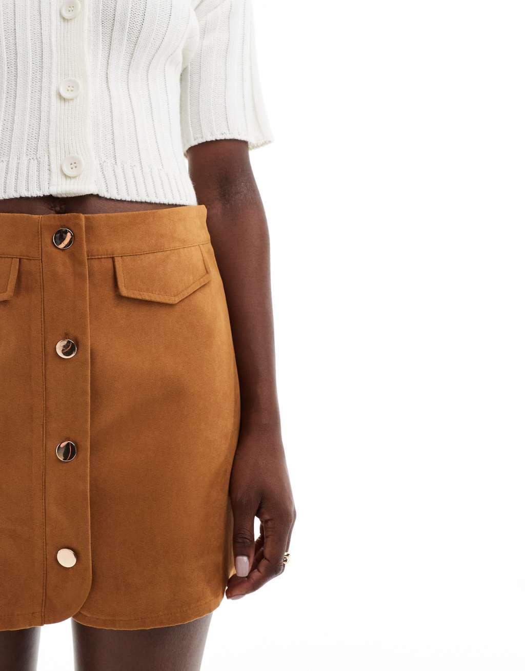 ASOS DESIGN button front pocket detail faux suede skort in tan Product Image