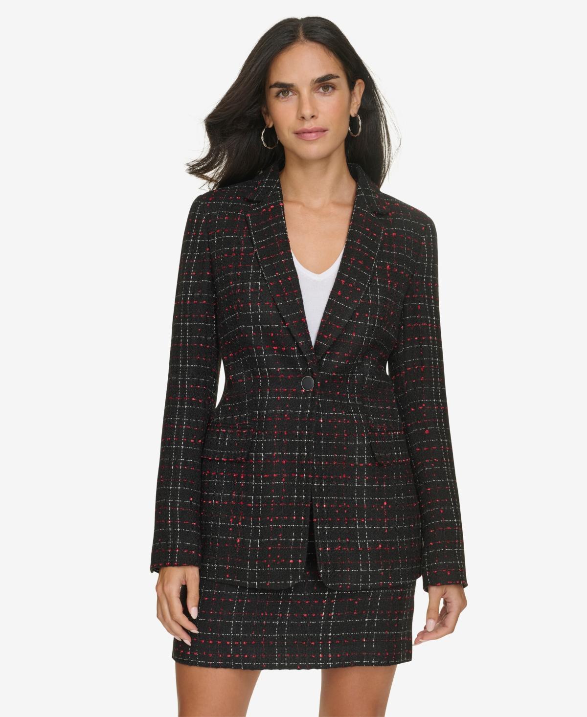 Calvin Klein Womens One-Button Plaid Tweed Blazer Product Image