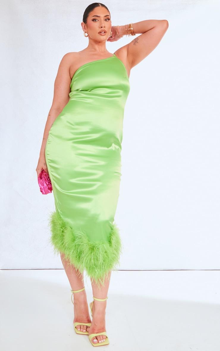 Plus Lime Satin Feather Trim One Shoulder Midi Dress Product Image