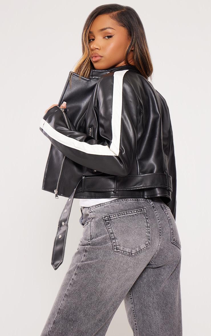 Black Faux Leather Contrast Panel Cropped Biker Jacket Product Image