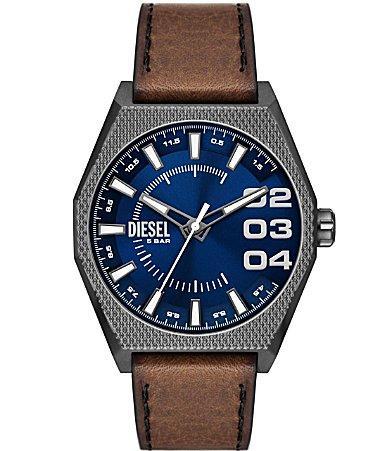 Diesel Mens Scraper Three-Hand Brown Leather Blue Dial Strap Watch Product Image