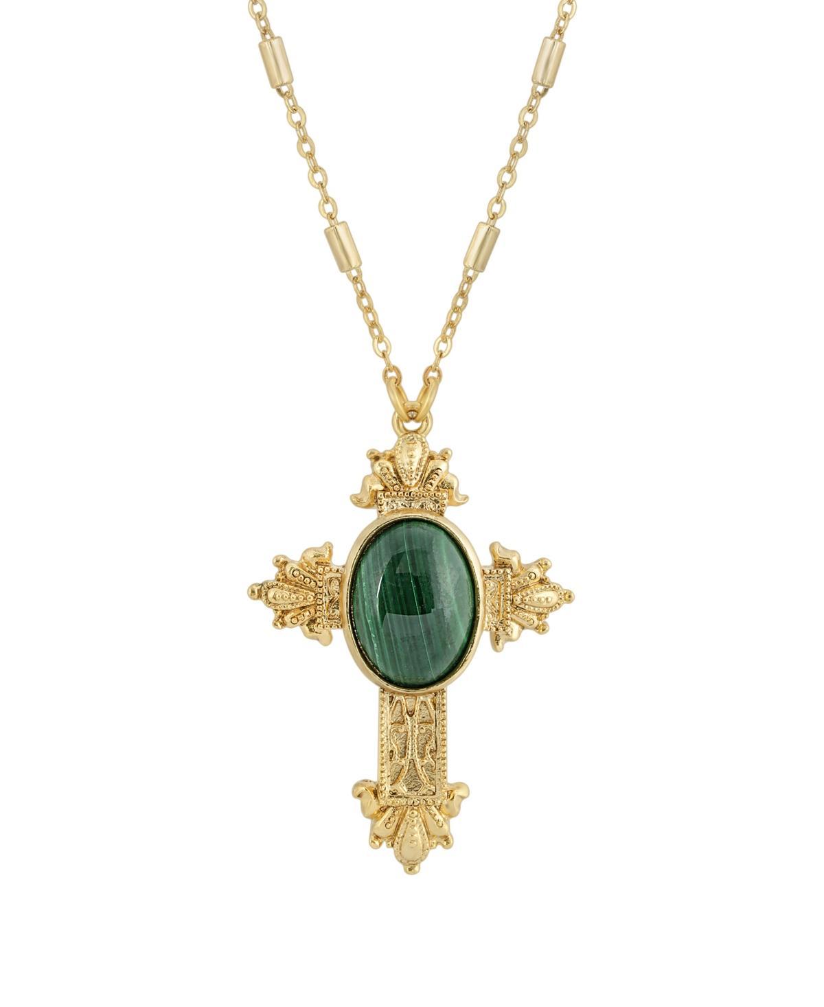 1928 Gold Tone Green Malachite Cross Necklace, Womens Product Image