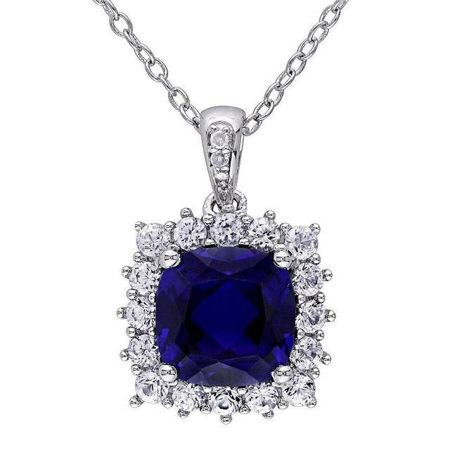 Stella Grace Sterling Silver Lab Created Blue Sapphire, Lab Created White Sapphire & Diamond Accent Halo Pendant Necklace, Womens Product Image