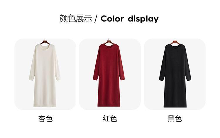 Long Sleeve Round Neck Plain Knit Midi A-Line Dress Product Image